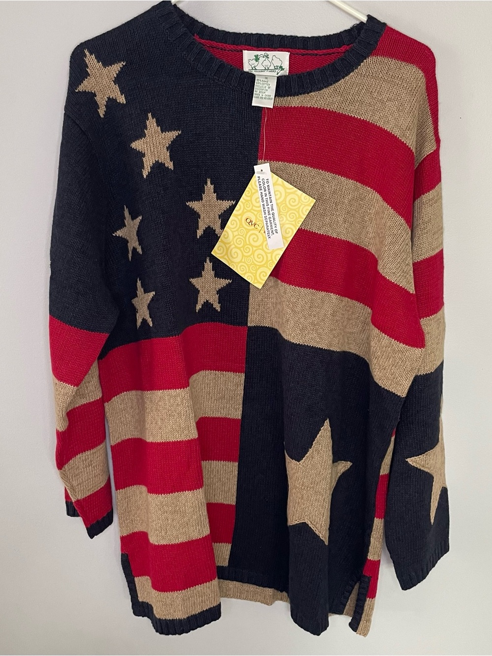Flag-Inspired Patriotic American Star Stripe Sweater in Navy, Red & Tan